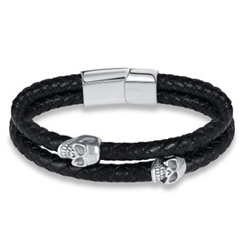 INFINIONLY Mens Teenagers Double Layers Leather Braided Alloy Bracelet Creative Silver Skull Stainless Steel Bracelet for Boys