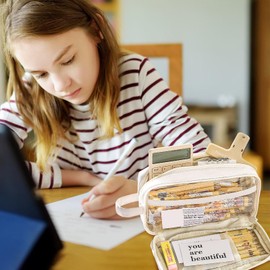 Balakaka Pencil Case Girls Pencil Case Pens 2 Compartments Large Capacity Pencil Case with Carry Handle for 85 Pens, Pencil Cases for Teenagers Girls Women School Office, beige, briefcase