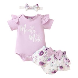 LUVCES Baby Girl Outfit Cartoon Rabbit Ruffle Short Sleeve Romper Top + Checked Bowknot Shorts + Socks + Headband 3/4 Pieces Easter Clothing Set, Style B: Purple Mamas Mini, 12 - 18 months