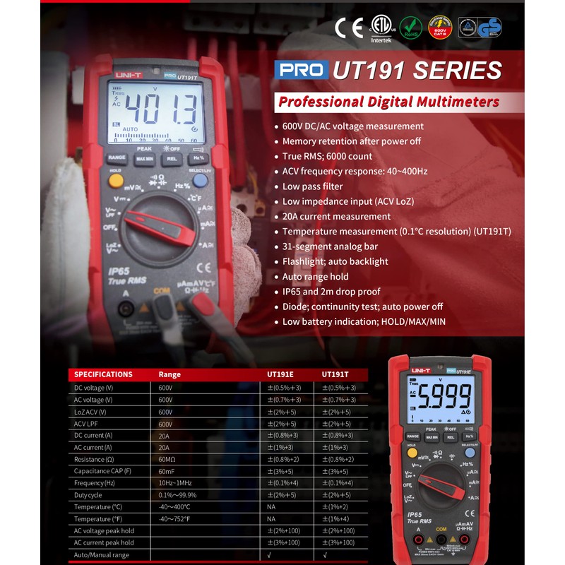UNI-T UT191E Professionelles Multimeter mit IP65 600V AC/DC, 20A, 10Hz-1MHz