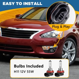 TOPUS Fog Lights Assembly For Nissan Altima 2013 2014 2015 Fog Lamps Left and Right Side with Chrome Black Bezel & H11 12V 55W Halogen Bulbs & Universal Switch and Wiring Kit 26155-9B91C 26150-9B91C