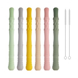 Pack of 6 Teething Aid Baby Teething Tube Ba-by, Teething Aid for Children Molars, BPA Free Chew Stick Baby with 2 Cleaning Brushes, Dishwasher Safe