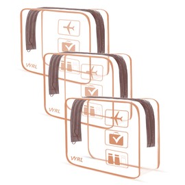 VYRL 3 Pack Clear Makeup Bag - Quart Size 3-1-1 TSA Approved Toiletry Bag with Zipper - Water-Resistant Durable PVC Clear Toiletry Bag for Carry-on Airport Travel Accessories - Rose Gold