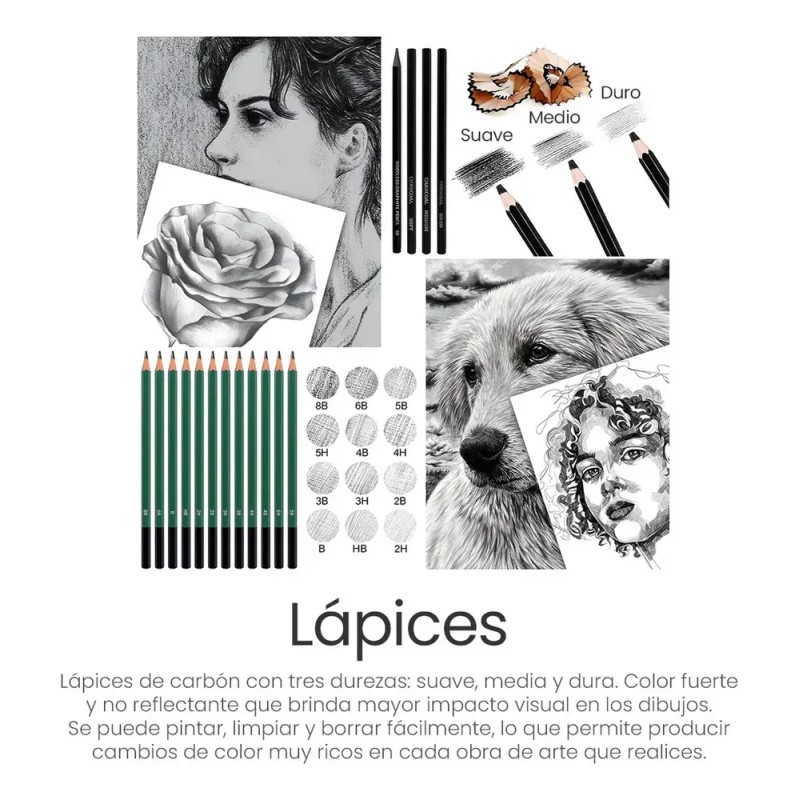 Kit De Dibujo Profesional Lápices Boceto Y Accesorios 72 Pzs