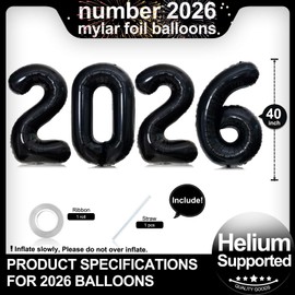 Black 2026 Balloons, Gaint 40 Inch Black 2026 Number Balloons,40 Inch 2026 Balloons for New Year Eve Party Supplies 2026, New Years Decorations 2026, Christmas, Graduations Decorations