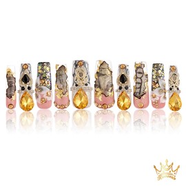 Kismizzle Press On Nails - Baroque Dream | Handmade Long Square Acrylic Nails with Money-Inspired Art, Gold Rhinestones & 3D Sculpted Details | 10PCS Nail Kit (Gold Pink Black, Medium)