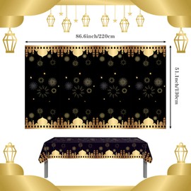 Black Eid Table Cloth Party Plastic Tablecloth,130*220cm Large Eid Ramadan Mubarak Tablecloth Waterproof Table Cover Moon&Star Rectangular Table Cover for Eid Ramadan Decorations Muslim Party Supplies