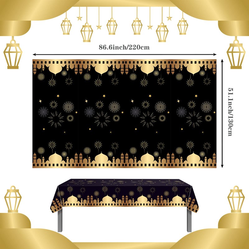 Black Eid Table Cloth Party Plastic Tablecloth,130*220cm Large Eid Ramadan