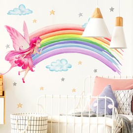 WandSticker4U® - Wall Sticker Rainbow Fee I Wall Picture: 120 x 80 cm I Wall Sticker Spring Summer Fairy Pink Clouds Stars Colourful I Wall Sticker Baby Room Children's Room Girls & Boys Decoration