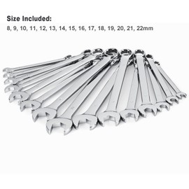 Max Torque 15-Piece Premium Combination Wrench Set, Chrome Vanadium Steel, Long Pattern Design | Include Metric Sizes 8, 9, 10, 11, 12, 13, 14, 15, 16, 17, 18, 19, 20, 21, 22mm with Storage Rack