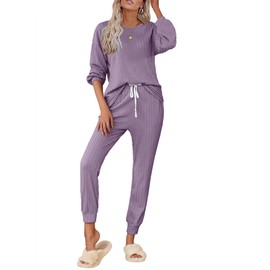 Ekouaer Lounge Sets for Women 2 Piece Long Sleeve Pajamas Jogger Set Pullover and Drawstring Pants Soft Pjs Set,Grey Purple,M