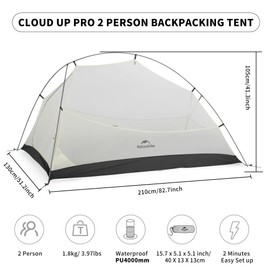 Naturehike Cloud up Pro 2 Person Tent, Double Layer Waterproof Two Person Tent,Ultralight 2 Person Backpacking Tent with Footprint