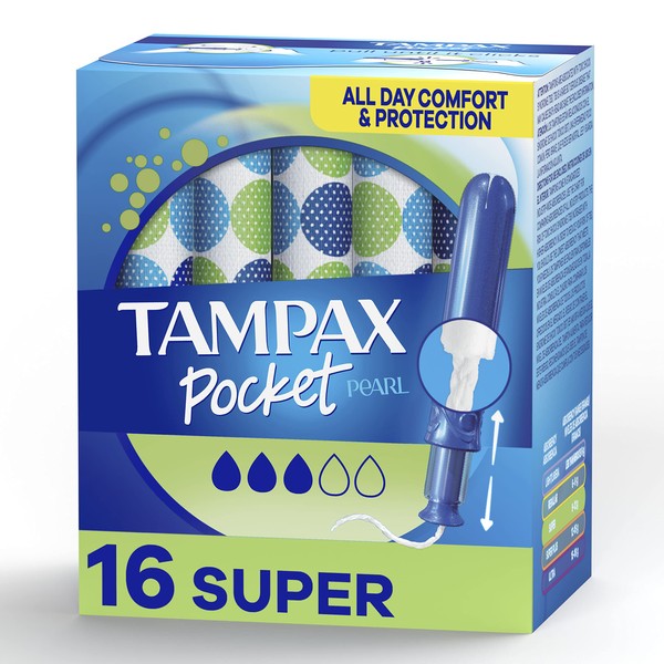 Tampax Pocket Pearl Tampons Super Absorbency with LeakGuard Braid, Unscented, 16 Count (Pack of 1)