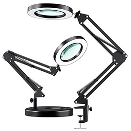 5X LED Magnifying Lamp, HITTI 1,800 Lumens Stepless Dimmable, 3 Color Modes, 8-Diopter 4.2″ Real Glass Lens Magnifier Desk lamp, Magnifying Light and Stand for Crafts, Reading, Close Work - Black