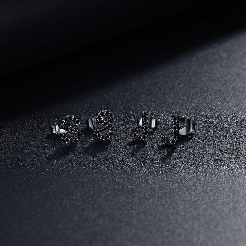 LiBihong Black Cubic Zirconia Alphabet Letter Stud Earrings, Sterling Silver