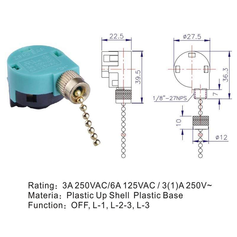 BuyWeek Ceiling Fan Pull Switch, 3 Speed 4 Wire ZE-268S6