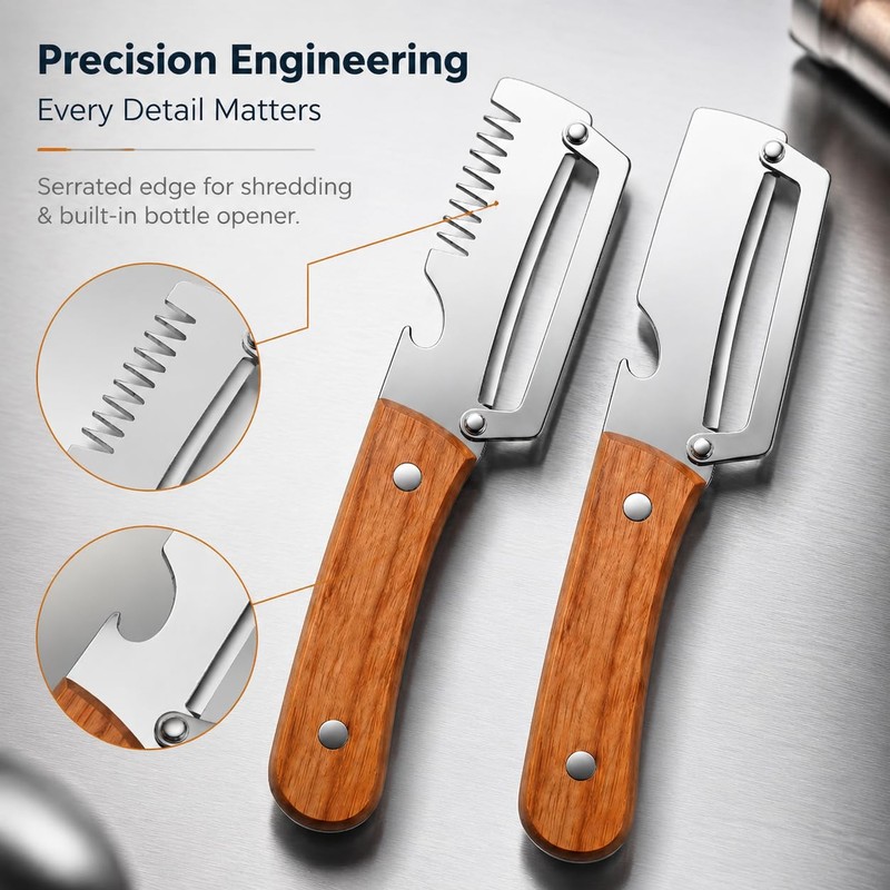 2Pcs Vegetable Peeler with Wooden Handle, Odor-Free Stainless Steel Multi