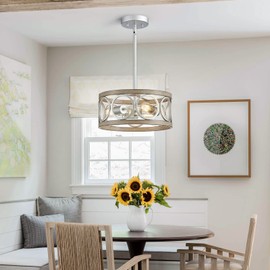 XINGQI 13" Rustic Pendant Lighting Modern Drum Chandelier 3 Light Vintage Ceiling Light Fixture for Dining Room Kitchen Island Living Room Bedroom Foyer Hallway, Brushed Nickel