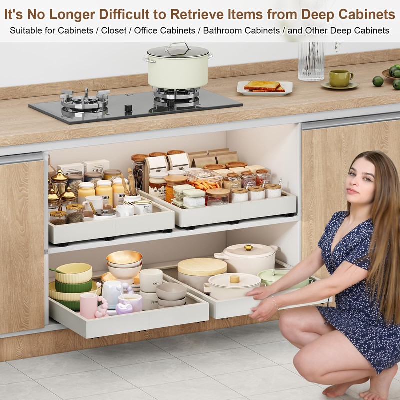 2Pc Pull out Cabinet Organizer,Width (14"-21"),Depth(17"-24") Expandable with 3 Rails,No