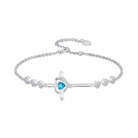 Wildari Cross Aquamarine Birthstone Charm Link Bracelet 925 Sterling Silver Cross Bracelet with March Birthstone Religious Christian Jewelry Gifts for Women Mom Her,Chain Length 7"+2" Extend