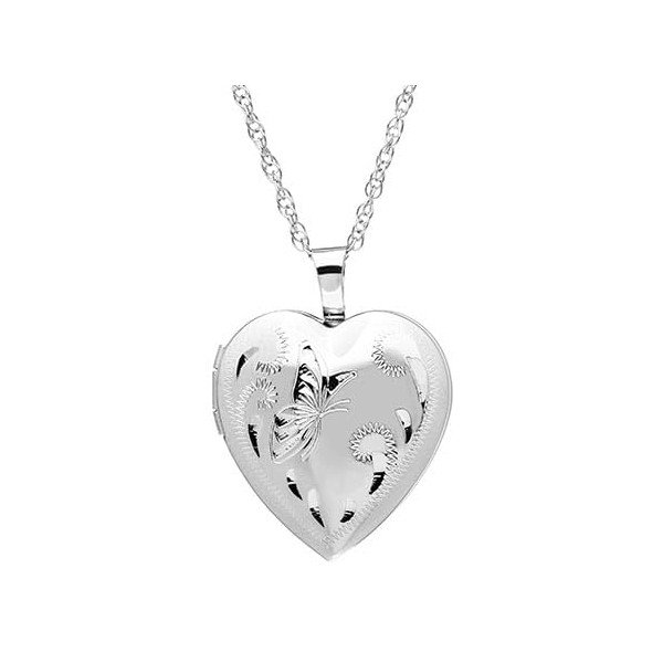 Sterling Silver Hand Engraved Butterfly Heart Locket, 18"