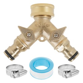 2 Way Garden Hose Splitter Brass Outside Faucet Y Splitter Easy Install Double Way Hose Connector for Standard 3/4 Inch Tap Connector..(Brass,1 Set)