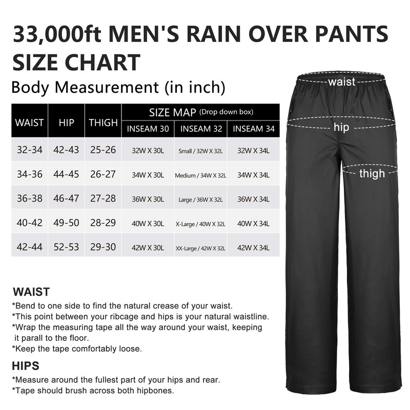33,000ft Men's Rain Pants, Waterproof Rain Over Pants, Windproof Outdoor