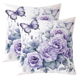 Feelyou Purple Flower Cushion Case Girls Women Purple Butterfly Decorative Pillowcase Flower Floral Throw Pillow Covers 18"x18" Set of 2 Flower Plants Home Decor