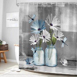 Rustic Daisy Blue Floral Shower Curtain Flower Dragonfly Country Farmhouse Vintage Abstract Art Wildflowers Gray Spring Fashion Bathroom Decor Set Polyester Fabric with Hooks 70Wx70H Inch