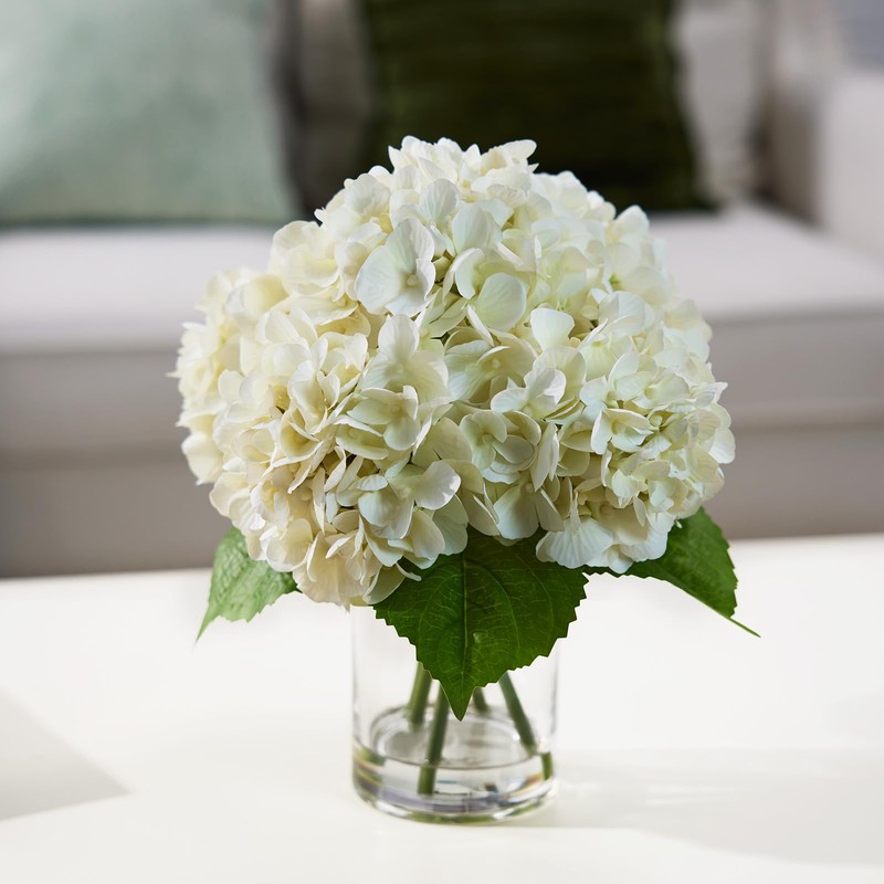 White Artificial Hydrangea Flowers with Glass Vase