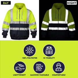 wefeyuv High Visibility Clothing ANSI Class 3 Safety Hoodie Sweatshirts Zipper Yellow/Navy M