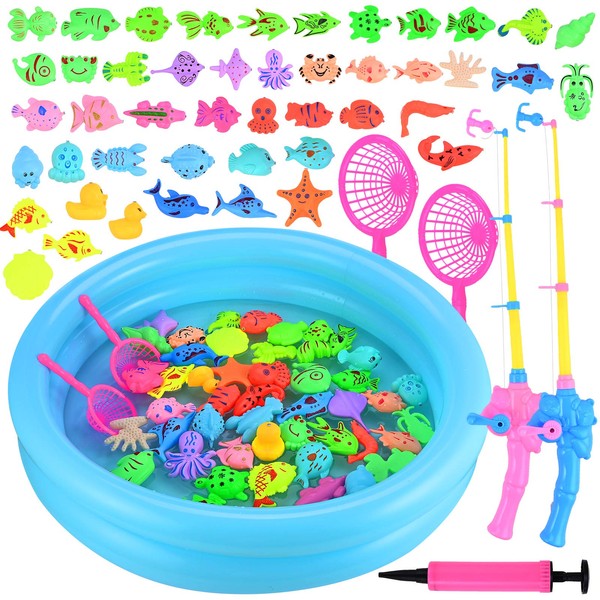 GOLDGE Magnetic Fishing Toy, 52 Piece Fishing Game Set for Kids with Inflatable Pool, 2 Pole Poles, 2 Nets, 46 Plastic Floating Fish and Mini Air Pump, Toddler Bath Toy Playset