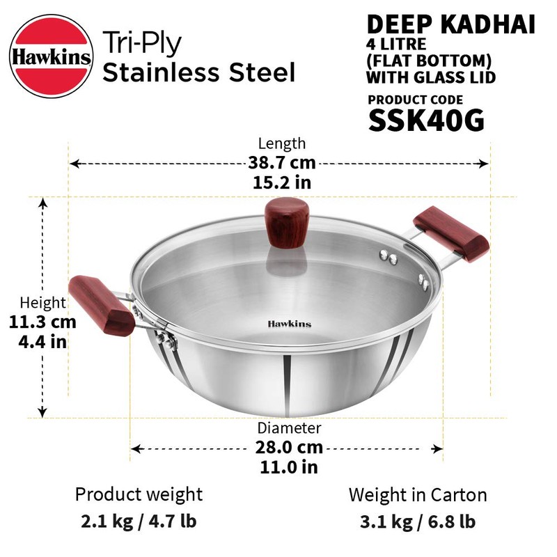 Hawkins 4 Litre Deep Kadhai, Triply Stainless Steel Kadai with