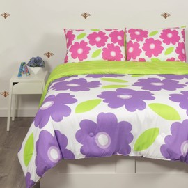 CLAUVINCK Truly Reversible & Super Fluffy Microfiber 3-Piece Room-in-a-Bag Kids' Comforter Bedding Set for Teen Girls, Flower Blossom - Full & Queen