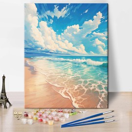 Blue Sea Wave Paint by Numbers Beach Landscape Paint by Numbers Kit for Adults Canvas Oil Painting Art Crafts for Wall Decoration Flameless Oil Painting Kits 16x20 Inch Without Frame