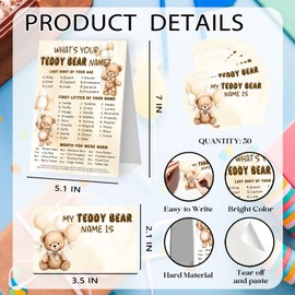 What's Your Teddy Bear Name Game Cards, Birthday Game Supplies, 1 Teddy Bear Name Game Double Sided Sign, 30 pcs Name Stickers for Birthday Party Activities