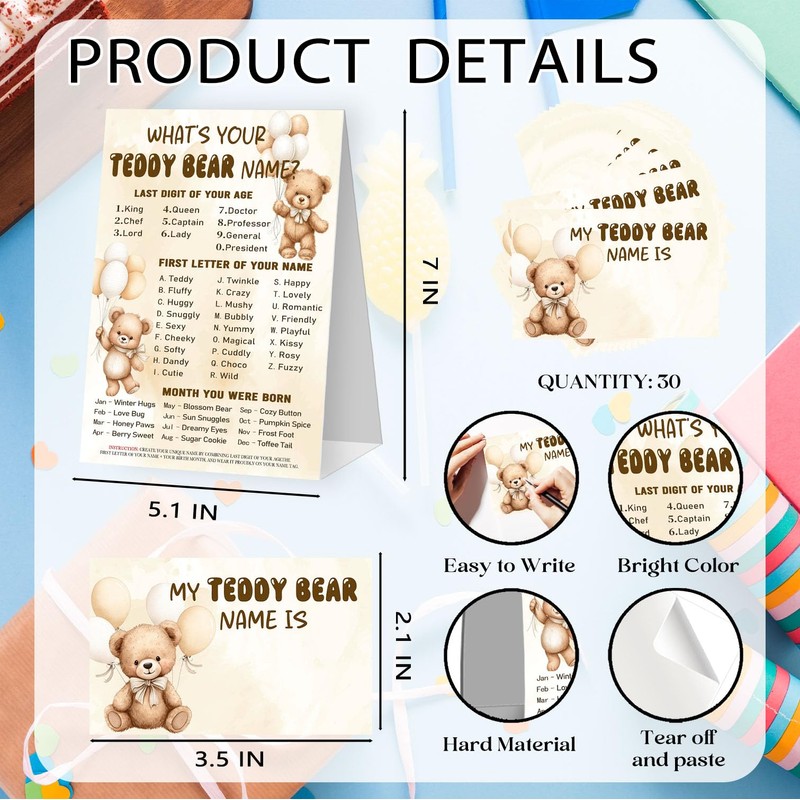 What's Your Teddy Bear Name Game Cards, Birthday Game Supplies,