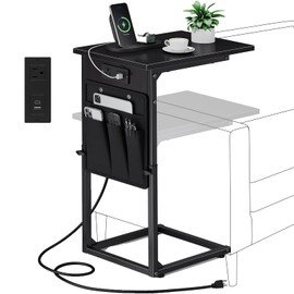 Vagusicc C Shaped End Table with Charging Station, Adjustable Height Side Table for Sofa, Couch Side Table for Small Spaces, Slide Under Sofa TV Tray Snack Arm Tables for Living Room, Bedroom, Black