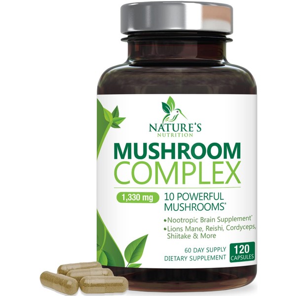 Mushroom Supplement - 10 Mushroom Complex Blend - Lions Mane, Reishi, Turkey Tail, Chaga, Cordyceps, Shiitake, Maitake - Nootropic Brain Supplement, Memory, Focus, Immune Health Support - 120 Count