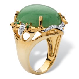PalmBeach Yellow Gold-plated Sterling Silver Oval Shaped Genuine Green Jade and Round Genuine Emeralds and Cubic Zirconia Ring Sizes 7-11 Size 10
