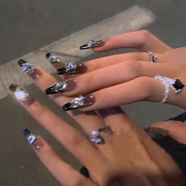 GL05 Nail Tip, Long Nail Tip, 24 Pieces, 3D Nails, Mine-based Type, Korea, Mass Produced, Cosplay Nail, Stylish, Popular, Gel Nail, Reusable Ribbon, Nail Beads, Nail Seal, Durable, Convenient, Nail 48 Double Sided Tapes, Black