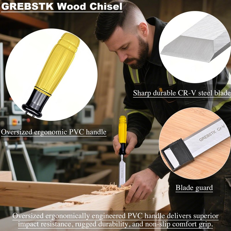GREBSTK 4PCS Wood Chisel Set, Burr-Free CR-V Steel Beveled Blades,