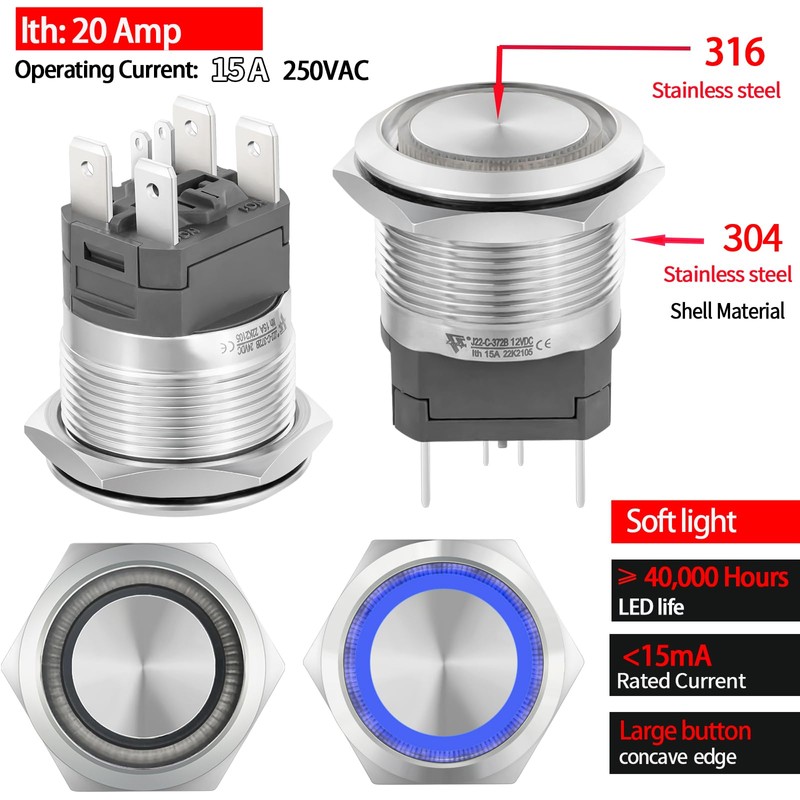 UL Listed 22mm Push Button Switch 15A 110V-120v Latching 2NO