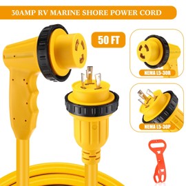 Kanayu 30Amp RV Power Extension Cord Compatible with NEMA L5-30P/R Marine Boat Cord Heavy Duty Electrical Cable 90° Grip Handle Adapter Locking Female with Seal Collar, 10AWG/3C, ETL Listed(50 ft)