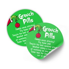 Grouch Grouch Pills 2” inch Labels for Green Candy | 40 Pack Stickers for Bags to Put Chocolates in Christmas Holiday Gift Tags Grouch Poop