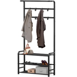 SIMPLE HOUSEWARE Coat Rack with Storage Shelf, Freestanding Hall Tree with Hooks for Entryway, Bedroom, Office, Black Metal Clothes Hanger Stand for Coats, Hats, Jackets, Bags - Black