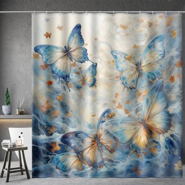 Aimego Long Butterfly Shower Curtain - Blue Burnt Orange Butterflies Watercolor Oil Painting Spring Summer Shower Curtain Set with 12 Hooks for Bathroom Decor Accessories Bathtub Curtain, 72"x78"