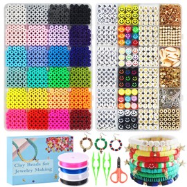 Bebeay Cuentas para Pulseras, 6000 Kit para Hacer Pulseras Cuentas De Arcilla para Pulseras, Cuentas para Hacer Pulseras y Collares con Cuerda, Pinzas y Tijeras Pequeñas, Cuentas de Letras Regalo