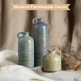 Geniff Ceramic Vase Set of 3 with Handle – Handcrafted Modern Farmhouse Decorative Vase, Neutral Pottery for Pampas Grass, Flowers, Table Centerpieces, Living Room, Mantel & Shelf Decor – Multicolor