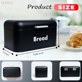 Plexon Black Bread Box for Kitchen Countertop with Lid, Metal Bread Storage Container Bin 11.8" x 7" x 6.3"